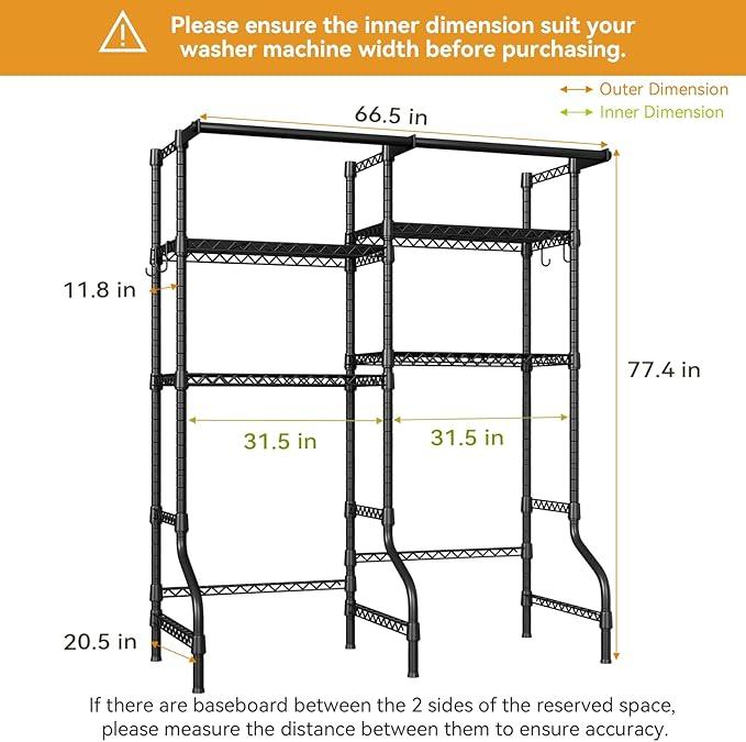 U14 Over Washer and Dryer Storage Shelves, 4 Tiers Laundry Room Storage and Organizer System, Space Saving Clothes Drying Rack with 2 Clothes Hanger Rods, 66.5