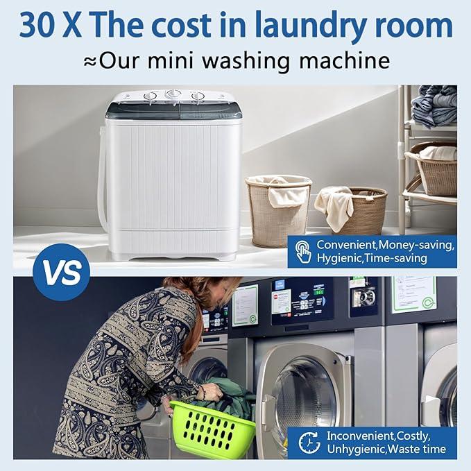 Portable Mini Twin Tub 32lbs Washing Machine With Drying Rack& 10 Hangers, 20lbs Washer & 12lbs Spinner, Small Laundry Washer with Time Control for Camping, Apartments, RV (32lbs)