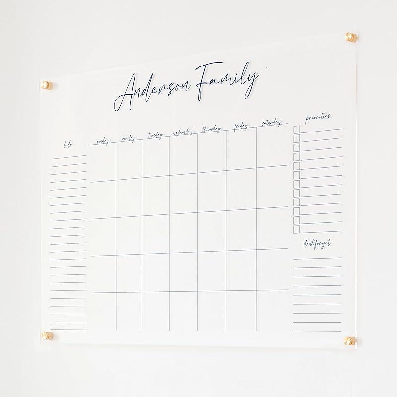 Personalized Clear Acrylic Calendar for Wall, Calendar Whiteboard for Wall, Dry Erase Wall Calendar, Wall Calendar Organizer System for Home (Cursive, Navy, 38