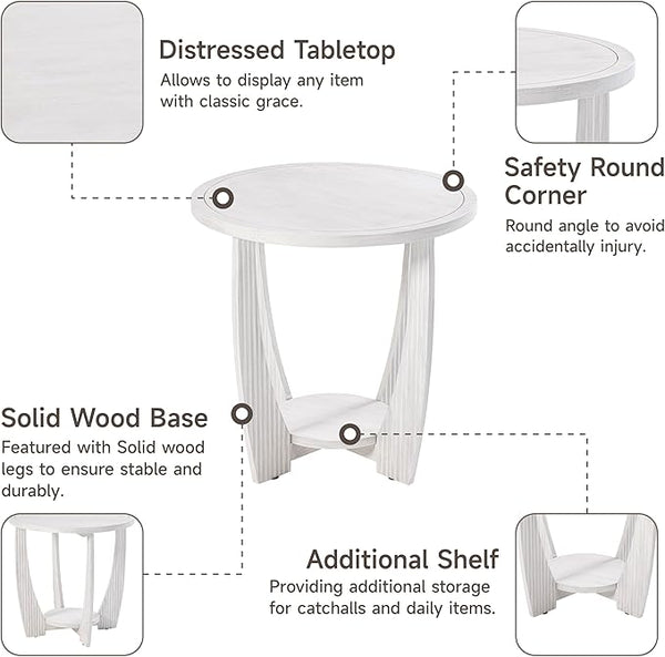 Rustic Farmhouse end Table X 2P with Storage Shelf, French Country Accent Side Table for Family, Dinning or Living Room, Small Spaces, Modern, Round, White