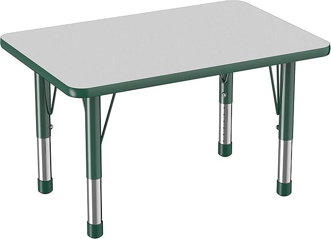 FDP Rectangle Activity School and Classroom Kids Table (24 x 36 inch), Chunky Toddler Leg, Adjustable Height 15-24 inches - Gray Top and Green Edge
