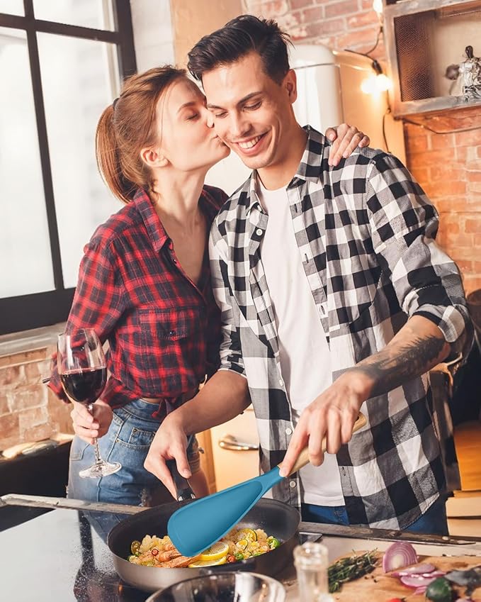 Multifunction Spatula Spoon for Nonstick Cookwares, Great for Cooking and Serving, Sturdy BPA-Free Matte Silicone, Wood Handle Spatula for Mixing, Scoop, and Scrape, Turquoise(2 pack,11.4