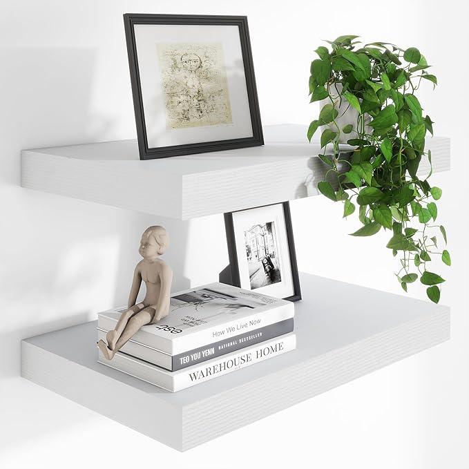 Heimlove 24 x 12 Inch Deep Floating Shelves Wall Mounted with Invisible Brackets,Storage Hanging Shelf for Wall Decor in Bathroom, Bedroom, Toilet, Kitchen, Living Room, Office Set of 2 (White)