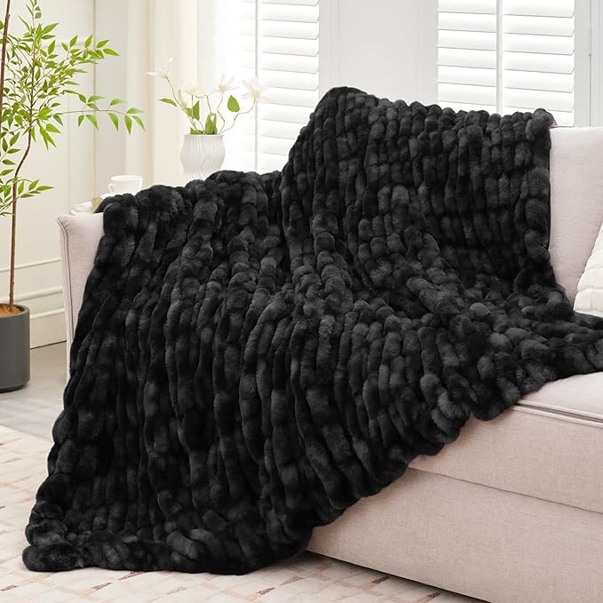 Ultra Soft Luxury Faux Fur Throw Blanket for Counch,Fuzzy Fluffy Plush Warm Cozy Elegant Wrinkled Blanket for Sofa Bedroom Living Room,（50