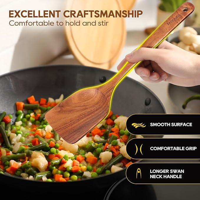 Wooden Spoons for Cooking, 10PCS Teak Wood Cookware Utensil Set with Hooks - Smooth Finish, Non-Stick, Comfortable Grip, Heat Resistant Kitchen Utensils