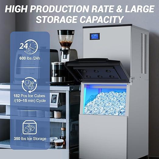 Commercial Ice Maker 600 Lbs/24H Ice Machine Large Capacity Stainless Steel, 182 Ice Trays Industrial Ice Machine, 350 Lbs Storage Commercial Ice Maker Machine Freestanding, Cube Ice Maker Commercial