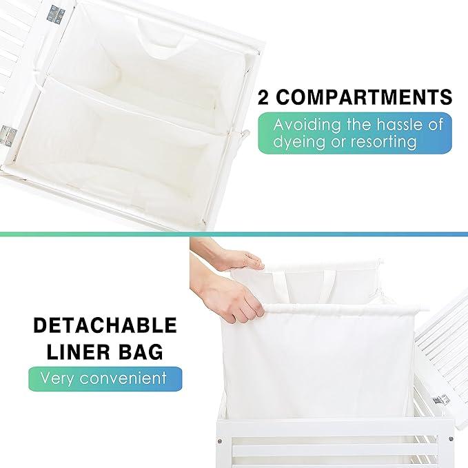 SMIBUY Double Laundry Hamper with Lid, 120L Bamboo Laundry Basket with Removable Liner Bag, 2-Section Clothes Divider Laundry Sorter for Laundry Room, Bathroom, Bedroom (White)