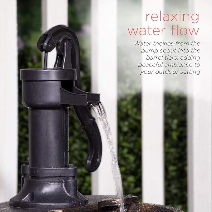 Alpine Corporation 2-Tiered Barrel and Pump Water Fountain – Bronze Finish, Relaxing Water Flow, Ideal for Garden, Patio, & Yard Décor, 27