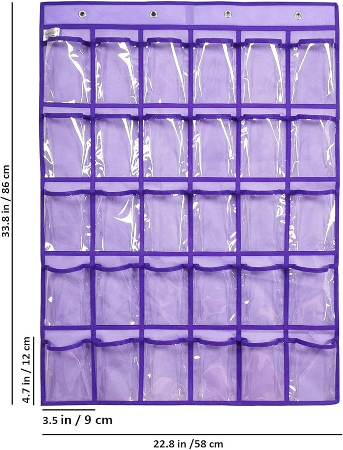 Classroom Pocket Chart for Phone Calculator Holder Over The Door Hanging Closet Jewelry Organizer with 30 Clear Pockets (Purple)