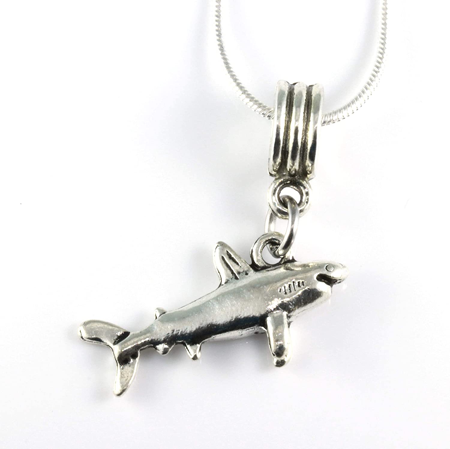 Shark Necklace | Great Shark Gifts for Shark Lovers on a Silver Plated Snake Chain Necklace with a nice Shark Charm of a Great White Shark this is Cool Shark Stuff and awesome Shark Necklaces