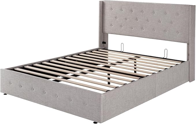 Allewie Full Size Lift Up Storage Bed, Button Tufted Headboard with Wingback, Hydraulic Support, No Box Spring Needed, Light Beige