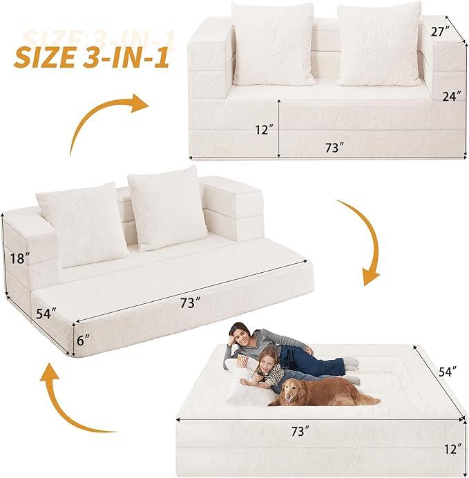 Folding Bean Bag Chair for Adults,3-in-1 Bean Bag Couch Faux Fur Floor Sofa Large Beanbag Convertible Bean Bag Sofa Bed with Pillow in Bedroom,Living Room,Apartment(Queen,Milky White)