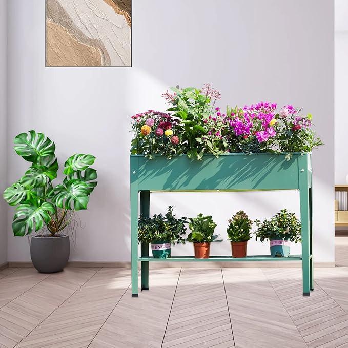 Raised Garden Bed, Elevated Planter Green Metal Plant Box with Legs Standing Garden Stand Drainage Holes Green (Green 40