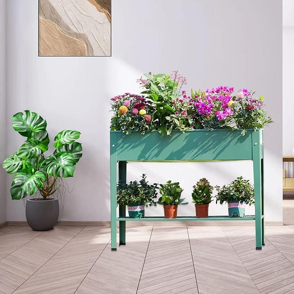 Raised Garden Bed, Elevated Planter Green Metal Plant Box with Legs Standing Garden Stand Drainage Holes Green (Green 40