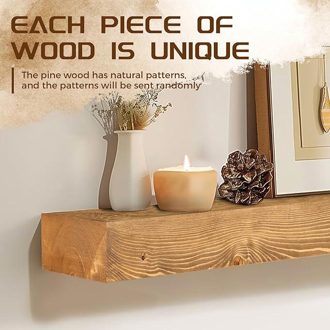 72x7x3 Fireplace Mantel - Solid Rustic Wood - Wall Mounted Floating Shelf with Invisible Heavy Duty Steel Bracket (Natural Wood)