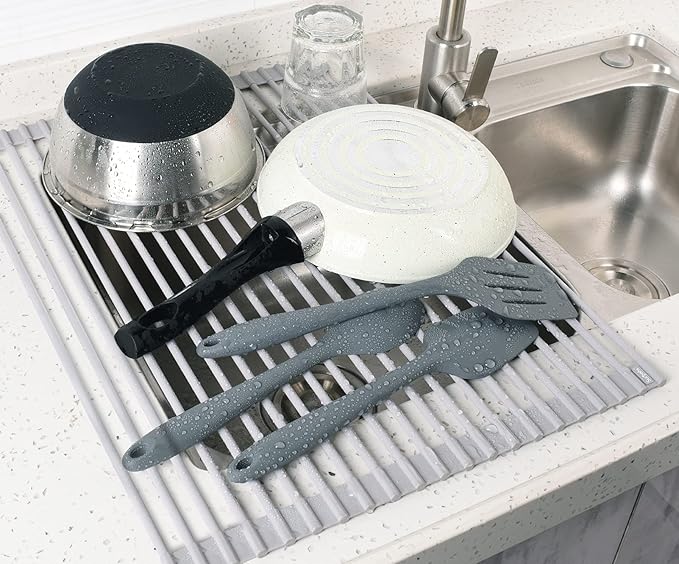 Surpahs Over Sink Foldable Multipurpose Roll-Up Dish Drying Rack, Silicone Wrapped Stainless Steel, Warm Gray, 20.5