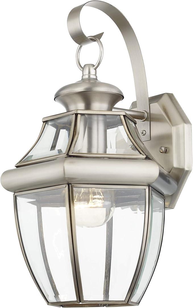 Livex Lighting 2151-91 Monterey 1 Light Outdoor Brushed Nickel Finish Solid Brass Wall Lantern with Clear Beveled Glass 13