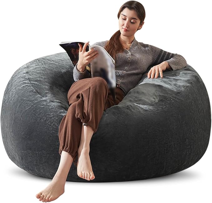 Bean Bag Chair 4Ft, Memory Foam Filled, Large Beanbag Chairs for Adults and Teens, Soft Sofa with Removable Flannel Cover, Round Couch for Living Room Bedroom College Dorm (Dark Gray, 4FT-47×47