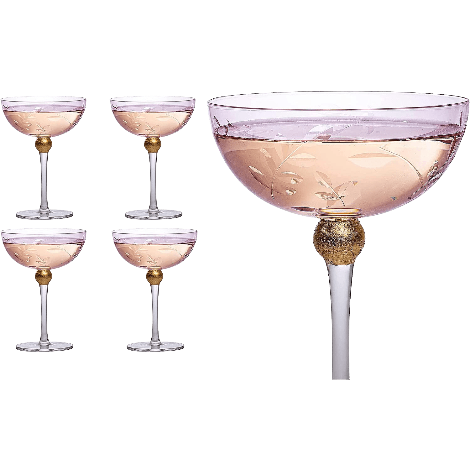 Colored Coupe Art Deco Glasses, Gold | Set of 4 | 8 oz Classic Cocktail Glassware for Champagne, Martini, Manhattan, Sidecar, Crystal Speakeasy Style Goblets Stems (Pink)