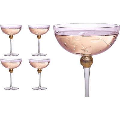 Colored Coupe Art Deco Glasses, Gold | Set of 4 | 8 oz Classic Cocktail Glassware for Champagne, Martini, Manhattan, Sidecar, Crystal Speakeasy Style Goblets Stems (Pink)