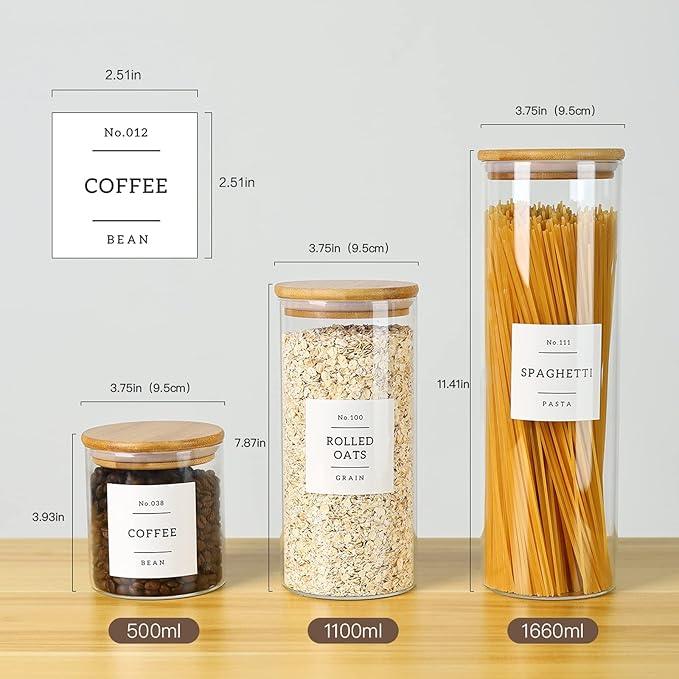 5 Pack Glass Jars with Bamboo Airtight Lids - Stackable Food Storage Containers with 132 Pantry Labels - with Wood Lid for Candy, Cookie, Rice, Sugar, Flour, Pasta, Nuts