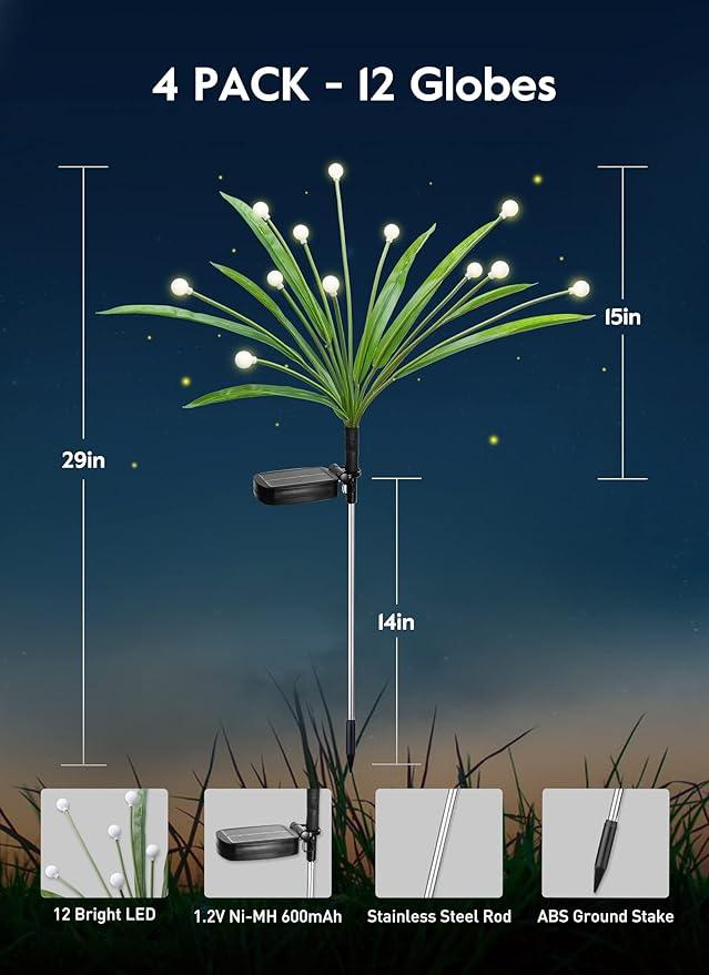 4 Pack 48 LED Solar Firefly Lights with Leaves, Solar Garden Lights Outdoor Decoration with 2 Lighting Modes, Waterproof Solar Outdoor Lights Decorative, Solar Lights for Outside Pathway, Warm White