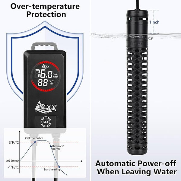 AQQA Aquarium Heater,Submersible Fish Tank Heater 59-93°F/15-34°C External Controller,Rapid Heating,Ultra-high Temperature Protection,Automatic Power-Off When Leaving Water (200W for 26-53 Gallon)