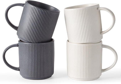famiware Coffee Mug Set for 4, Star 12 oz Catering Mugs Cup Set with Handle for Coffee, Tea, Cocoa, Milk - Ceramic Stoneware Drinkware Set, Matte White + Matte Black