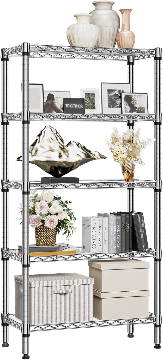 1250 lbs 5 Tier Shelf Metal Storage Shelves Shelving Wire Rack Heavy Duty Closet Organizers for Garage Kitchen Bathroom Laundry Chrome 13.8