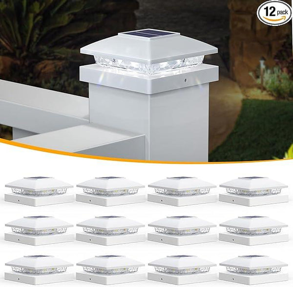 APONUO Solar Post Cap Lights for 4x4 Wood & Vinyl Posts, IP44 Waterproof Cool White LED 4x4 Post Solar Lights, Outdoor Garden Patio Yard Decor, 12 Pack (White)