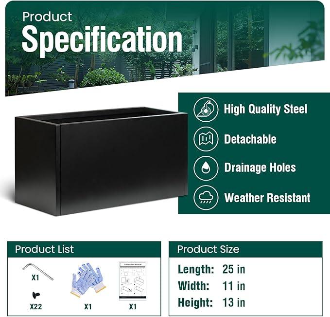 Galvanized Steel Metal Planter Rectangular Indoor Black Planter Box Large Outdoor Planters Steel 25