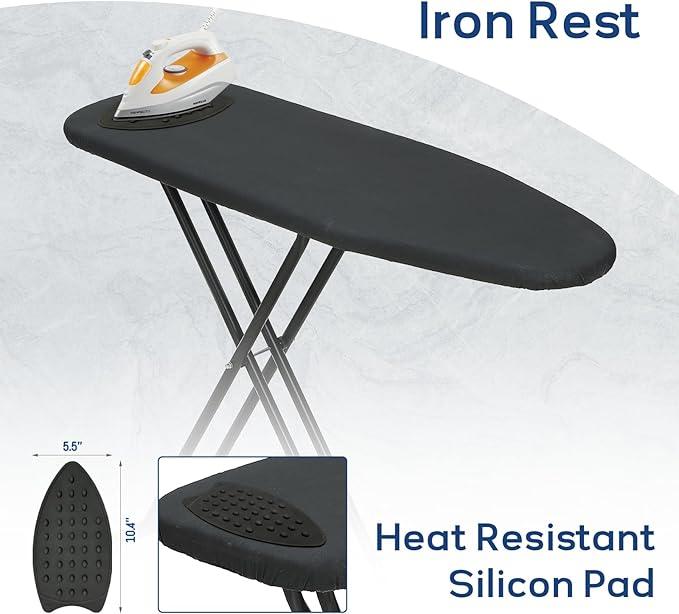 Ironing Board 43x13 with Iron Rest, RAINHOL Compact Iron Board Full Size with Thick Cover and Pad, Easy Storage Hanger with Heat-Resistant Silicone Pad, Space Saving and Height Adjustable, Black