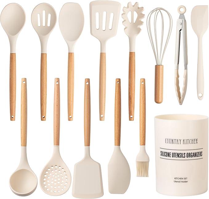 Country Kitchen Non Stick Silicone Utensil Set with Rounded Wood Handles for Cooking and Baking, 14 Piece Set, Khaki