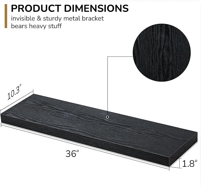 Floating Shelves - 10.3 Inch Deep Wall Shelf for Decor & Storage - Wall Mounted Display Shelving with Invisible Heavy-Duty Metal Bracket - 36