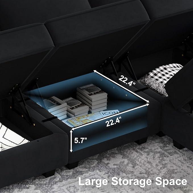 Belffin Modern L Shaped Velvet Sectional Sofa with Chaise, Black, Storage, Adjustable Arm/Backrest