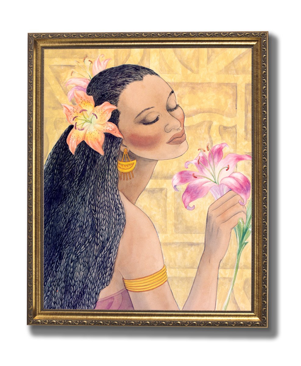 Gold Framed Wall Art - African American Girl With Black Flower Print in Antique Gold Frame