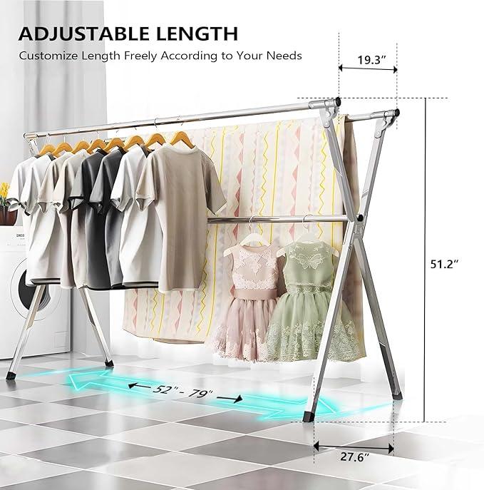 URYAN 79 Inches Stainless Steel Clothes Drying Rack, Heavy Duty Laundry Drying Rack Folding Indoor Outdoor, Portable Drying Rack Clothing, Free-Standing Laundry Stand with 20 Windproof Hooks