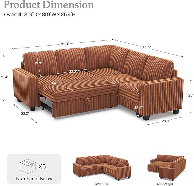 Belffin Plush Corduroy Modular Sectional Sofa with Pull Out Bed Convertible Small Sectional Corner Couch for Living Room Brick Red Couch