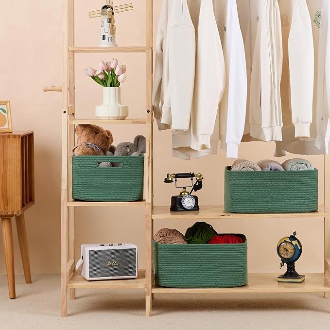 Large Storage Baskets for Shelves, Closet Organizers Bins for Clothes Blanket Towels, Baby Nursery, Toy Baskets Box, Woven Rope Baskets, 17 x 13 x 7.5”, 2 Packs Green