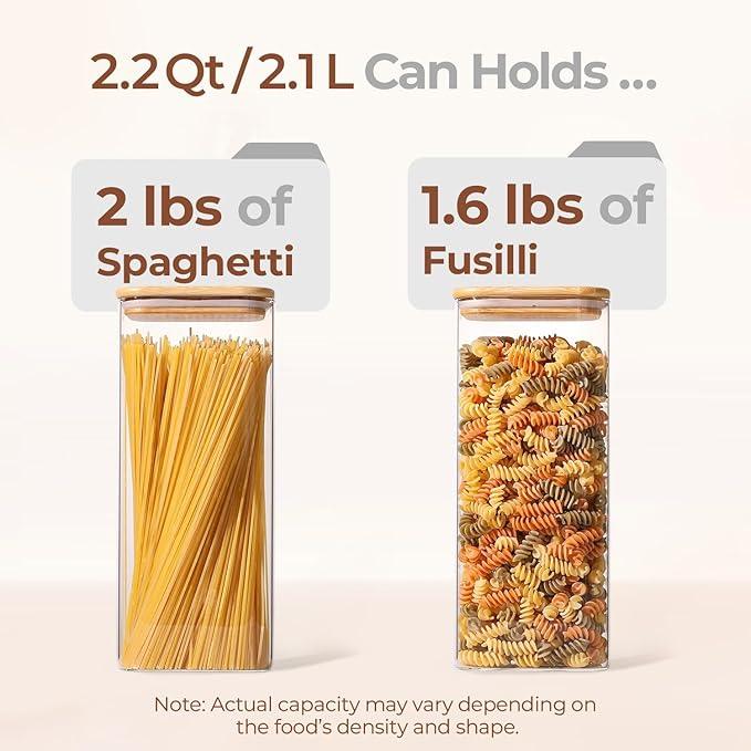 ComSaf 2.2 Qt Rectangle Glass Storage Containers with Lids, Glass Jars with Bamboo Lids, Clear Food Storage Jar, Tall Spaghetti Container, Pantry Storage Container for Pasta Flour Oats Nuts Rice