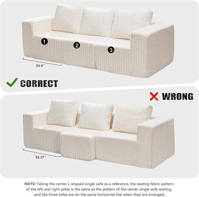 Modular Sectional Sofa 3-Seater Modular Couch with Deep Seat Memory Foam Cloud Chair with Pillows Oversized Sectional Sofa for Living Room Bedroom (Strip White, 3-Seater)