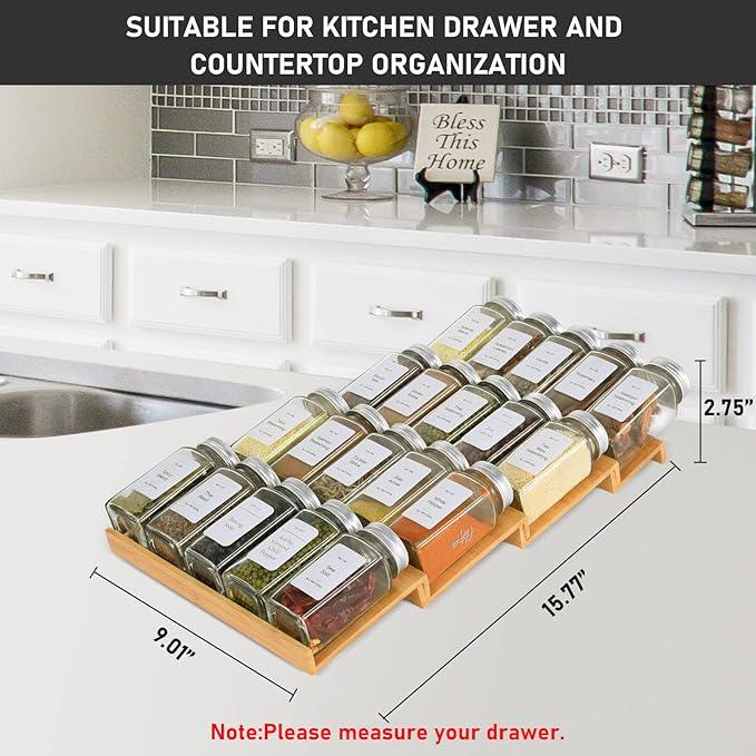 Spice Drawer Organizer with 18 Spice Jars,216 Labels,50 Non-slip Rubber, Bamboo 4 Tier Seasoning Rack Tray Insert for Kitchen Drawers,Cabinets,Countertop,9