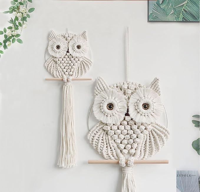 Owl Macrame Wall Hanging-Hand Woven Boho Tapestry-Macrame Wall Decor -Owl Decor for Bedroom, Living Room, Nursery (Beige-Large)