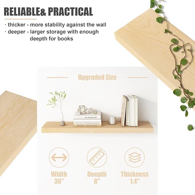 Floating Shelves for Wall, USA-Sourced Maple Wood 36 Inch Long Wall Shelves Set of 2, Natural Wooden Mounted Picture Ledge Shelf, Nursery Book Storage Shelf Kids Bookshelf, Display Shelf