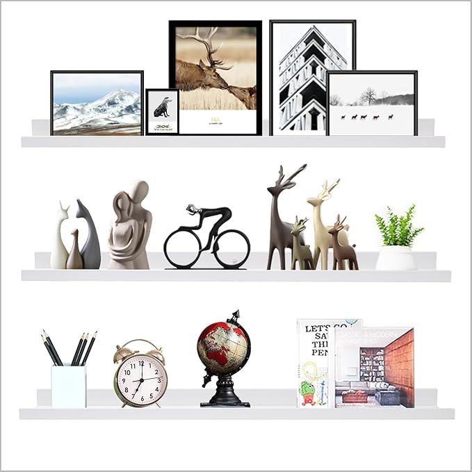 AZSKY 36 Inch Floating Shelves with Ledge White Natural Wood Picture Ledge Shelf 3 Pack Floating Shelf Picture Frame Holder for Bedroom Bathroom Living Room Kitchen Same Sizes