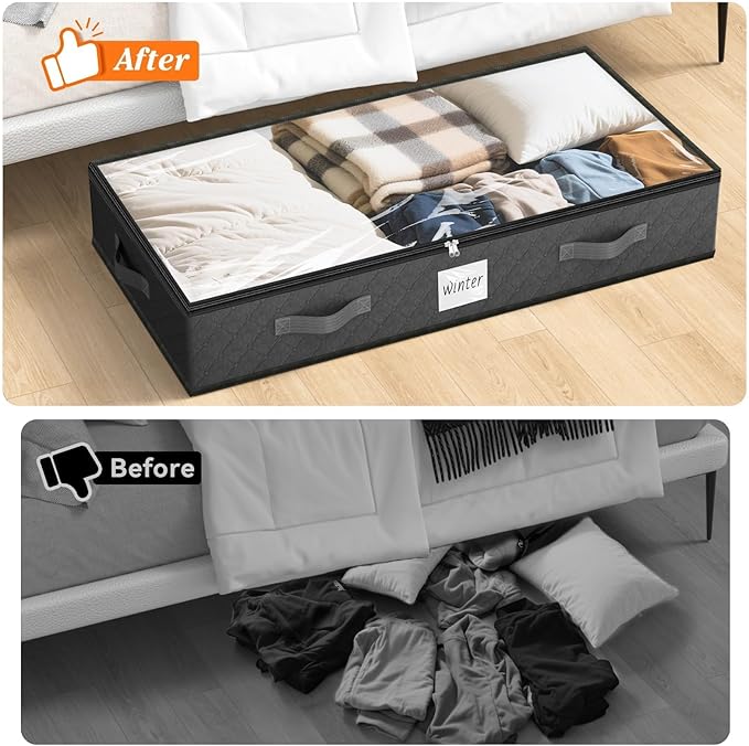 SpaceWhisper 90L Under Bed Storage Containers, 6-Pack Storage Bins with Clear Top, Foldable Closet Organizers and Storage with Label Holder for Clothing, Blankets, Comforter & Pillows (Grey)