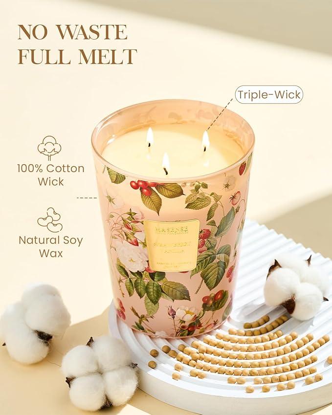 M&SENSE Extra Large Candle Strawberry Vanilla Scented, 3-Wick 35oz 150H Long Lasting, Natural Soy Wax Aromatherapy Candle for Stress Relief, Gifts for Home Decor