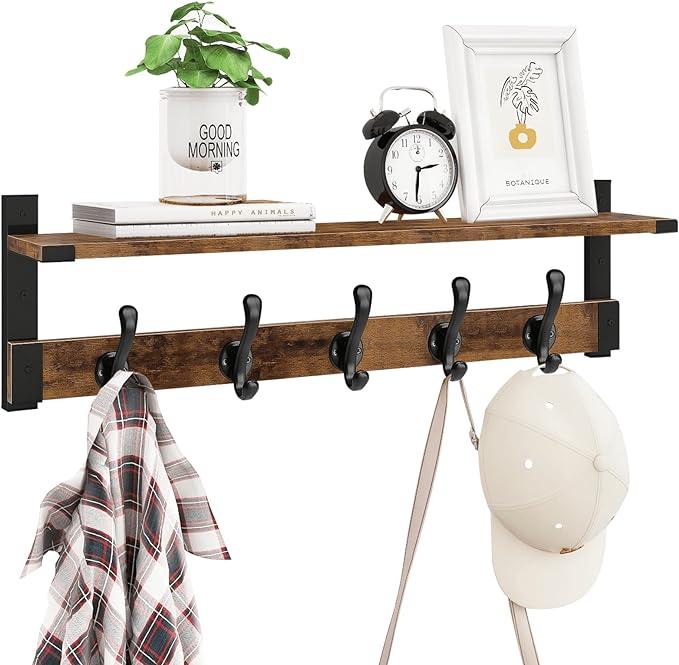 Homode Coat Rack Wall Mount, 29 Inch Long Shelf with Hooks, Wood Entryway Shelf with 5 Hangers for Hanging Hat Jacket Backpack Purse, Rustic Brown Black