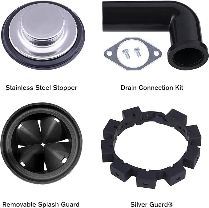 Waste Maid 10-US-WM-458-SL-3B Garbage Disposal Anti-Jam Stainless Steel Food Waste Grinding System, 3/4 HP Slim Line, Black
