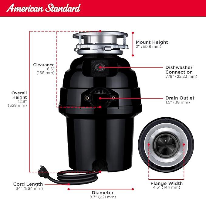 American Standard 10-US-AS-7 Garbage Disposal Anti-Jam Stainless Steel Food Waste Grinding System, Heavy Duty, 3/4 HP, Black